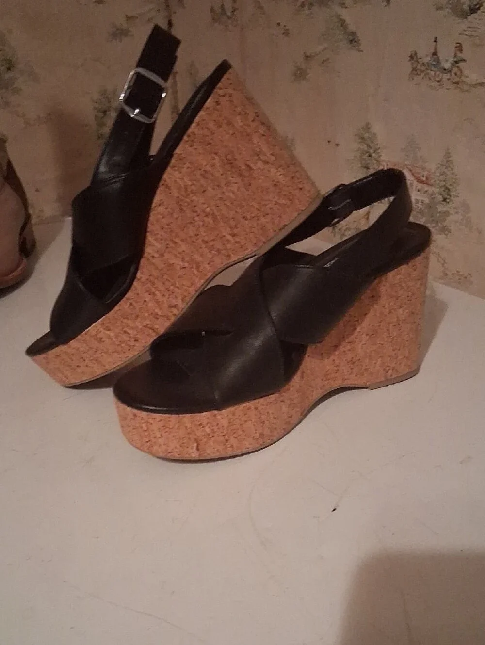 No Boundaries Black Wedge Sandals with Cork-Style Platform